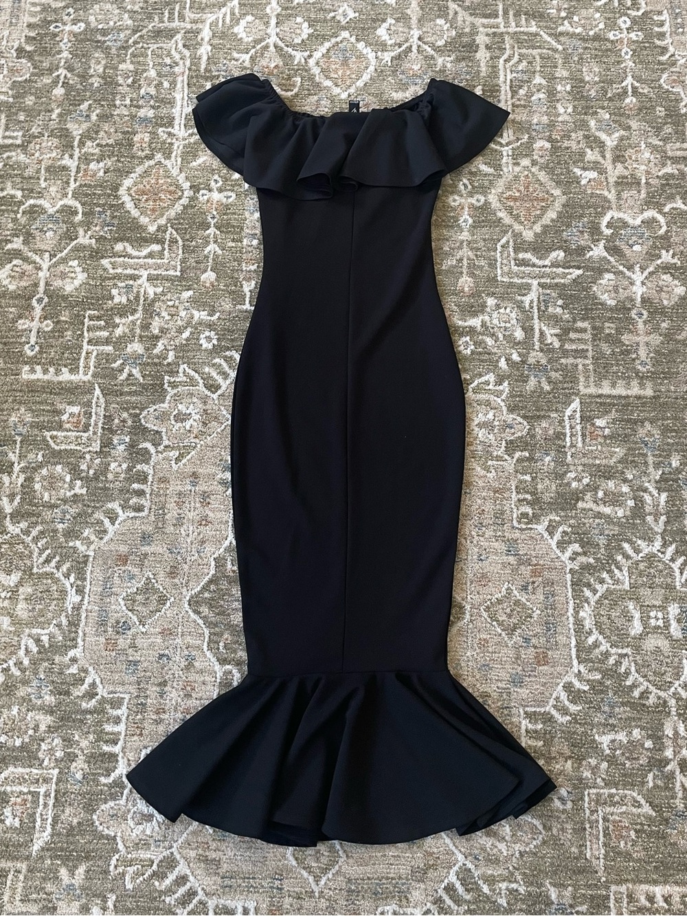 Off-Shoulder Black Ruffle Hem Midi Dress